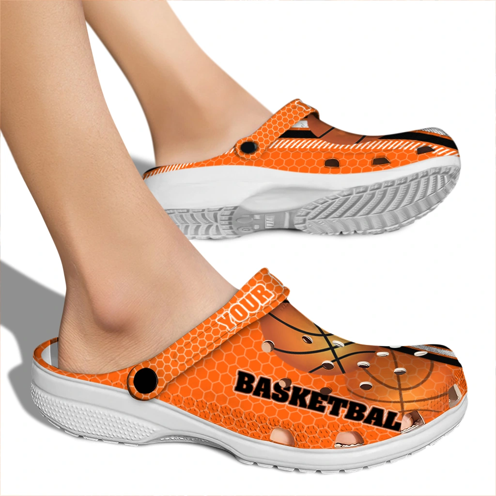 basketball logo clog customized contrasting stripes orange fashion forward.webp basketball logo clog customized contrasting stripes orange fashion forward.webp