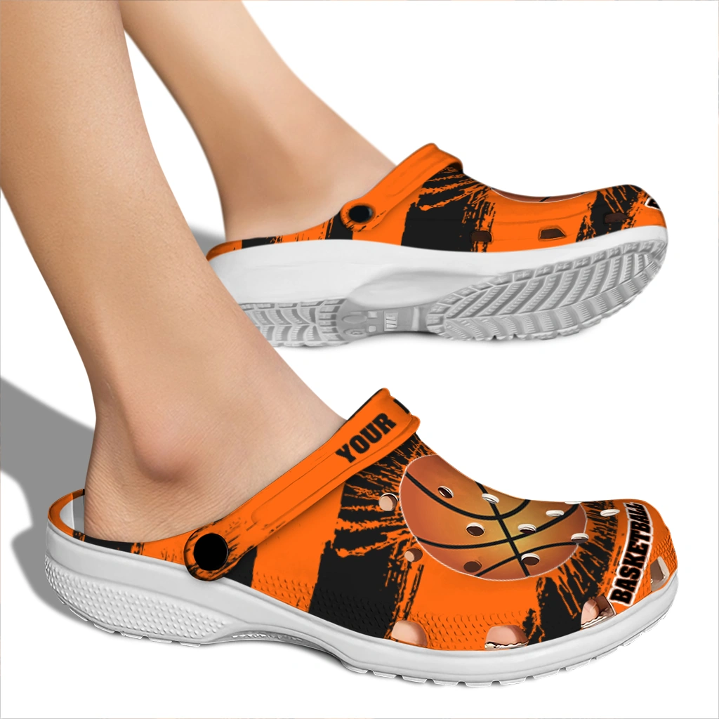 basketball logo clog customized paint splatter graphics orange fashion forward.webp basketball logo clog customized paint splatter graphics orange fashion forward.webp