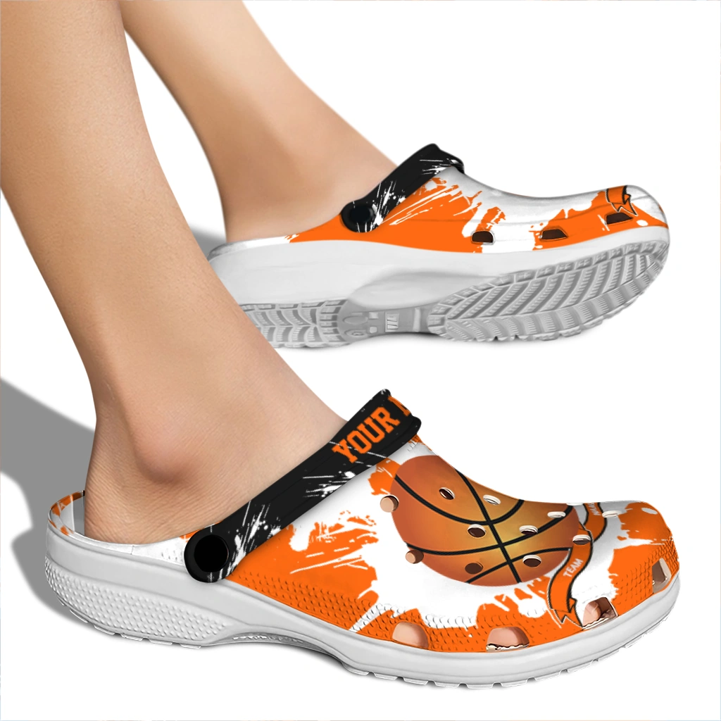 basketball logo clog customized splatter pattern orange white fashion forward.webp basketball logo clog customized splatter pattern orange white fashion forward.webp