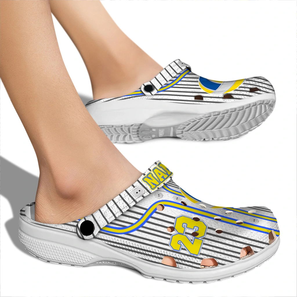 volleyball logo clog custom pinstripe pattern yellow white fashion forward.webp volleyball logo clog custom pinstripe pattern yellow white fashion forward.webp