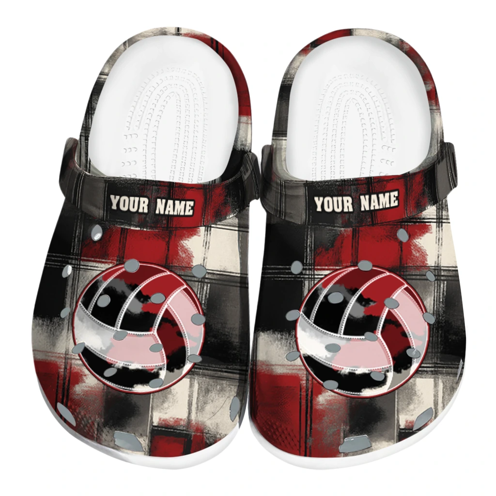 volleyball logo clog custom plaid fusion black red best selling.webp volleyball logo clog custom plaid fusion black red best selling.webp