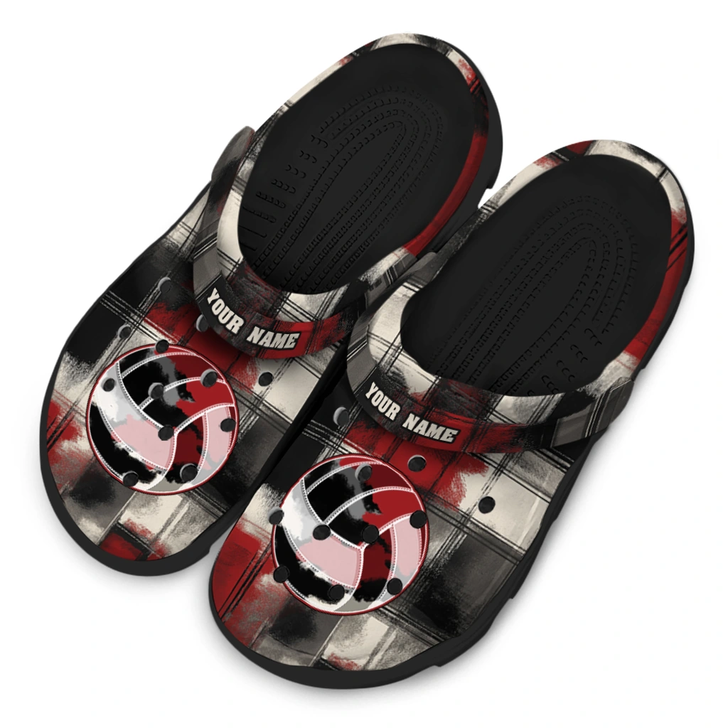 volleyball logo clog custom plaid fusion black red latest model.webp volleyball logo clog custom plaid fusion black red latest model.webp