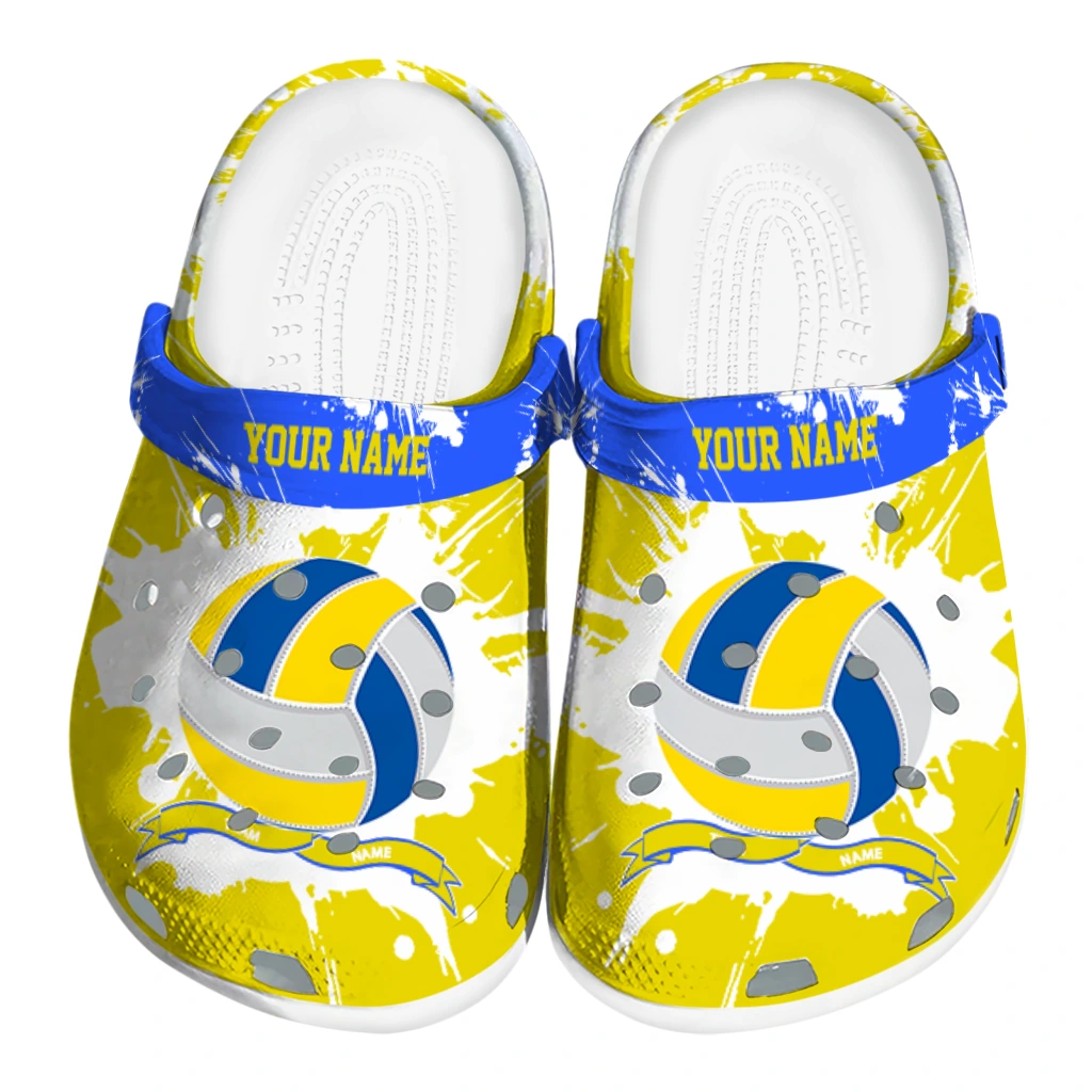 volleyball logo clog custom splatter pattern yellow white best selling.webp volleyball logo clog custom splatter pattern yellow white best selling.webp