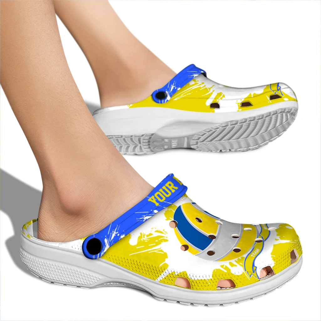 volleyball logo clog custom splatter pattern yellow white fashion forward.webp volleyball logo clog custom splatter pattern yellow white fashion forward.webp