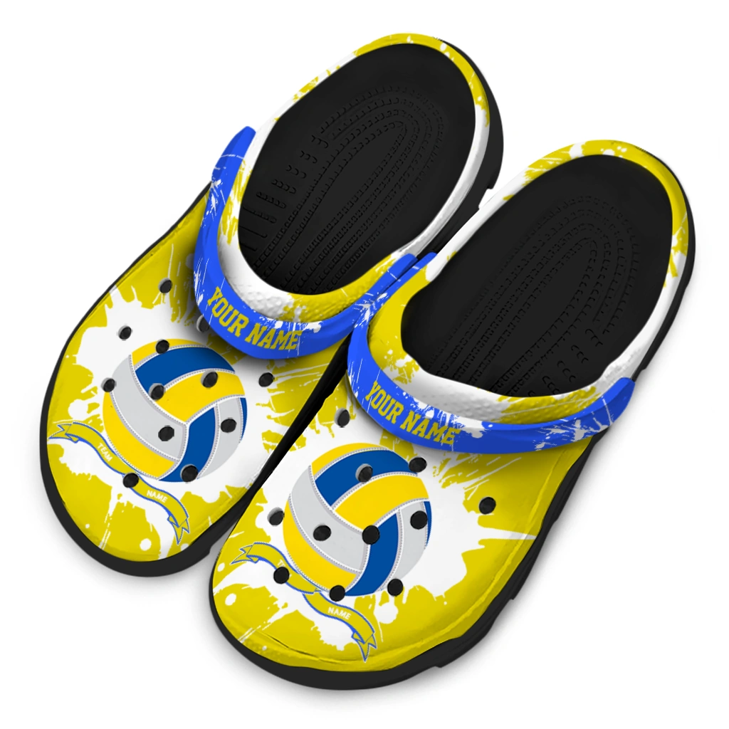 volleyball logo clog custom splatter pattern yellow white latest model.webp volleyball logo clog custom splatter pattern yellow white latest model.webp
