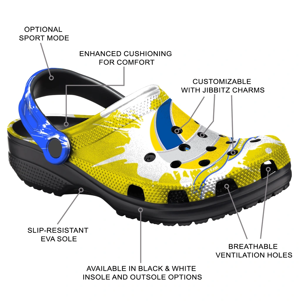 volleyball logo clog custom splatter pattern yellow white new arrival.webp volleyball logo clog custom splatter pattern yellow white new arrival.webp