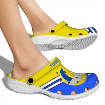 volleyball logo clog custom striped accents yellow fashion forward.webp